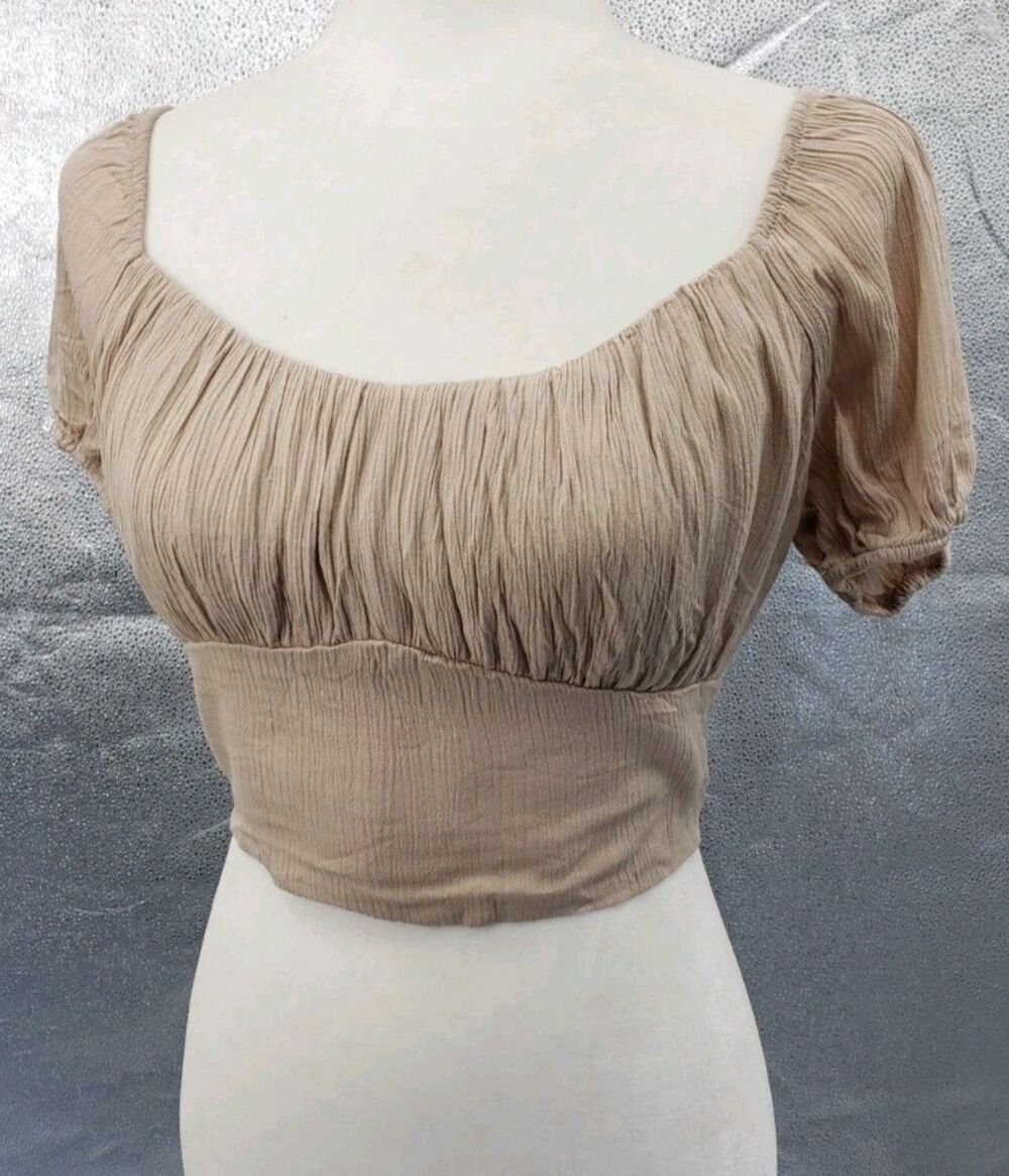 Vtg Ambiance Crop Top Sz S Tan Tie Waist Puff Sleeve Gathered Milkmaid Boho NWT